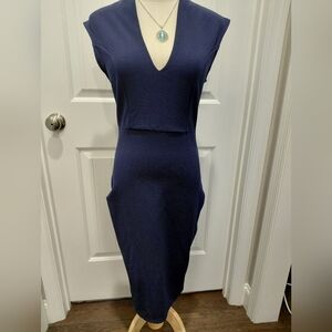 Sleeveless V-Neck Midi Sheath Dress in Navy Sz Med #0595